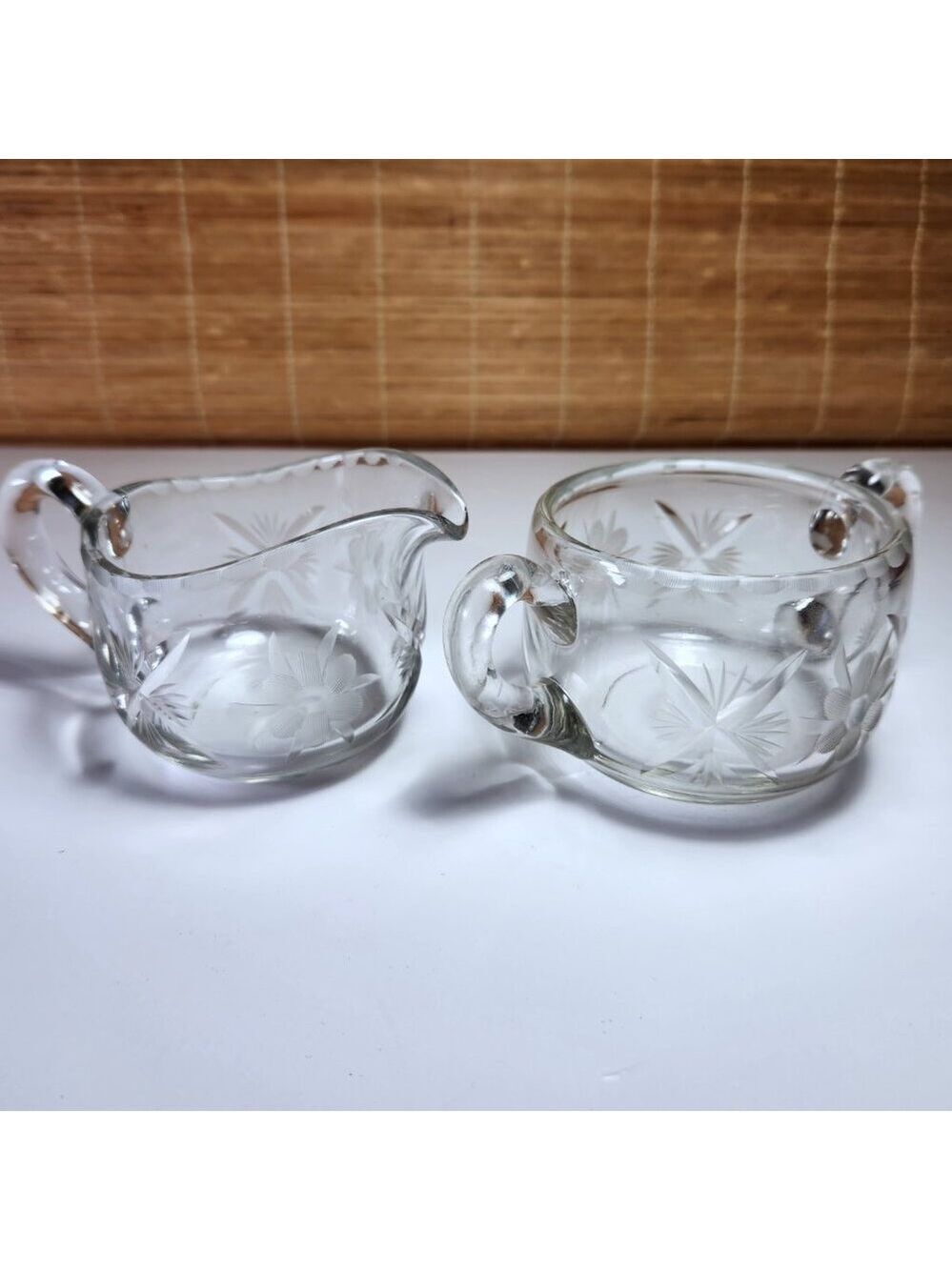 Cream and Sugar Set Vintage Lead Crystal Etched Flowers Heavy Glass